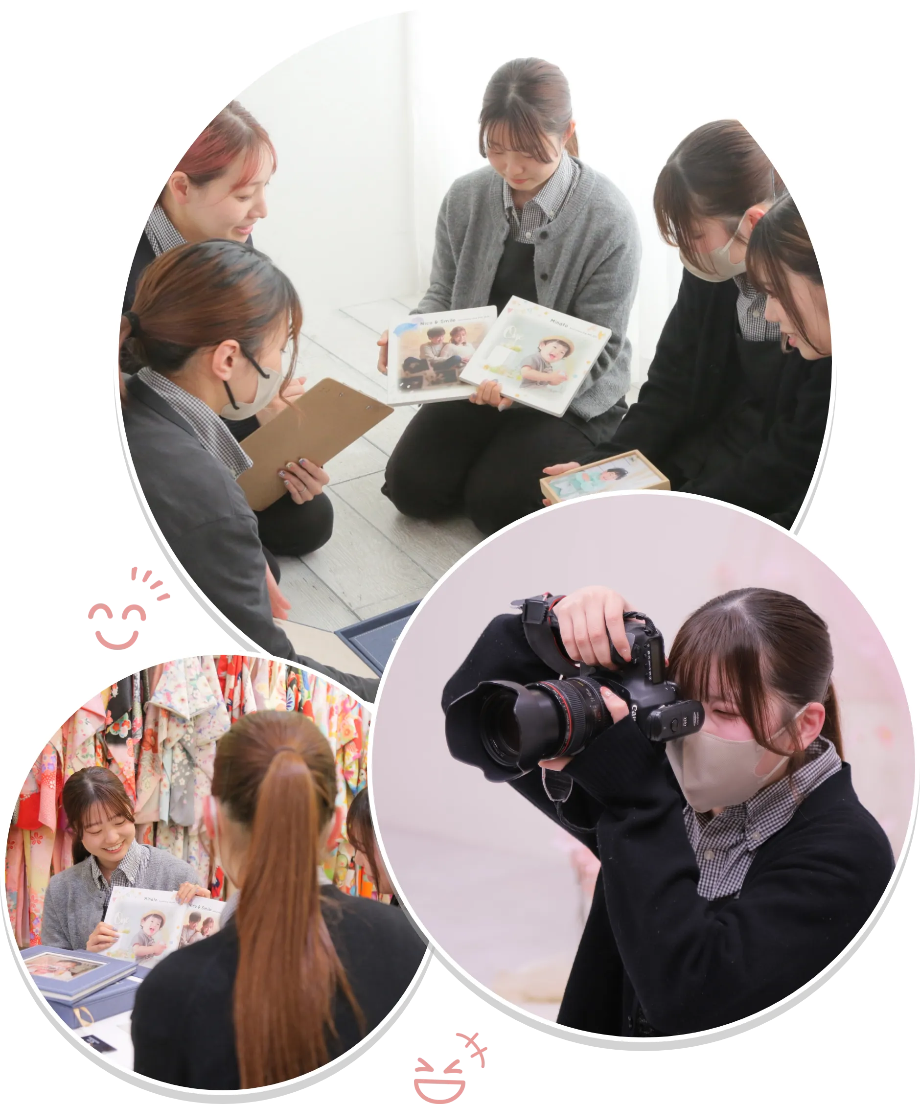 打ち合わせするスタッフ、撮影するカメラマン、お客様にご案内するスタッフの写真